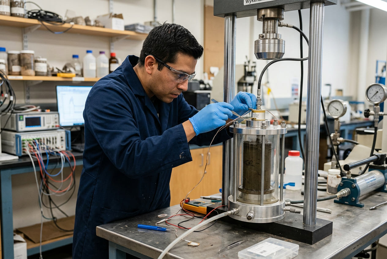 Ingeniero geotécnico comparando bender element vs MASW down-hole en laboratorio