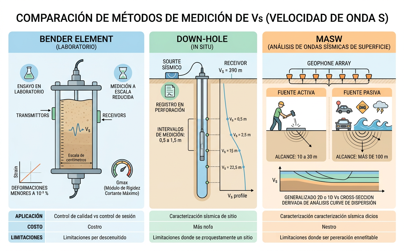 Infografía comparativa de métodos Vs: bender element, MASW y down-hole