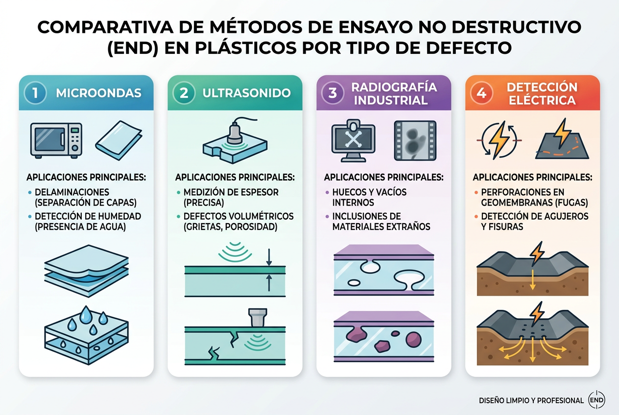 Infografía de tipos de defectos internos en plásticos y ensayos no destructivos