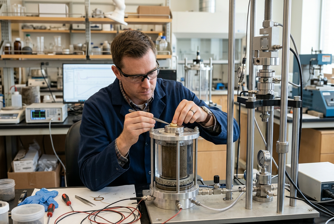 Ingeniero geotécnico instalando elementos bender en probeta de suelo