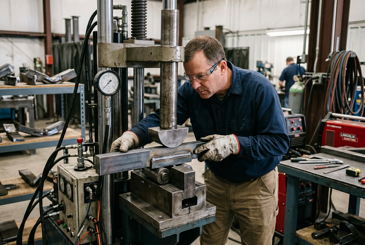 Técnico realizando un ensayo de doblado sobre probeta soldada en laboratorio