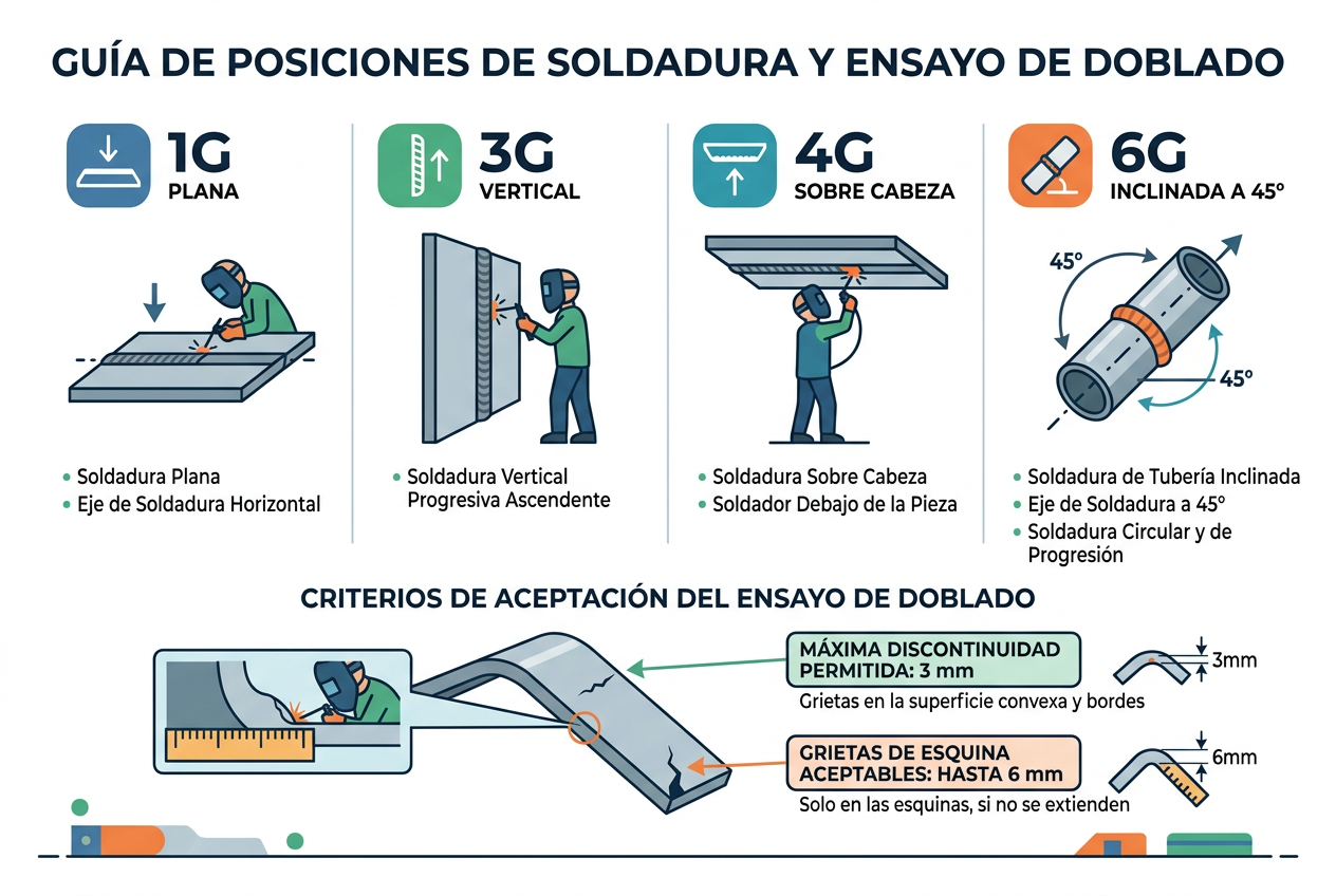 Infografía de posiciones de soldadura 1G a 6G y el ensayo de doblado
