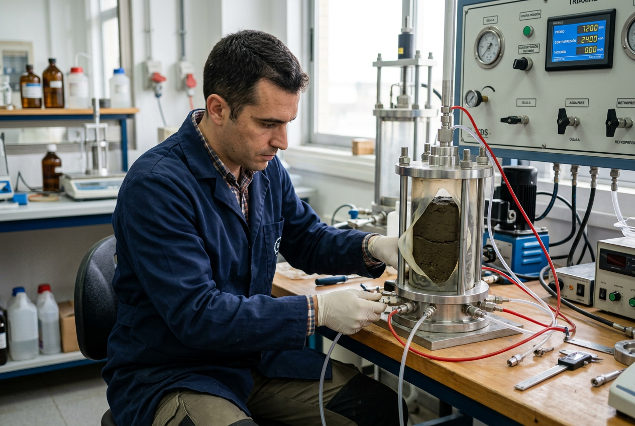 Ingeniero realizando ensayo permeabilidad laboratorio vs in situ con celda de pared flexible