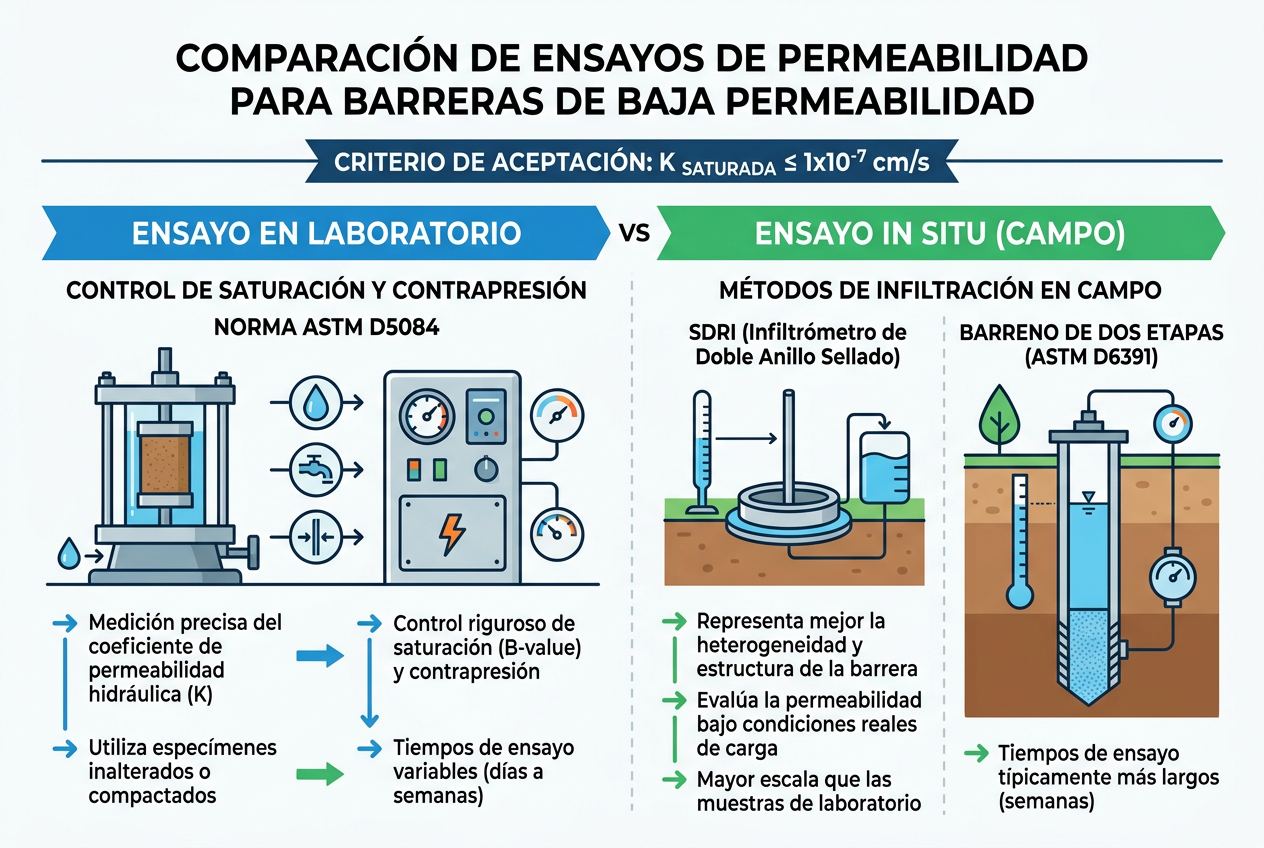Infografía comparativa ensayo permeabilidad laboratorio vs in situ según objetivo del proyecto
