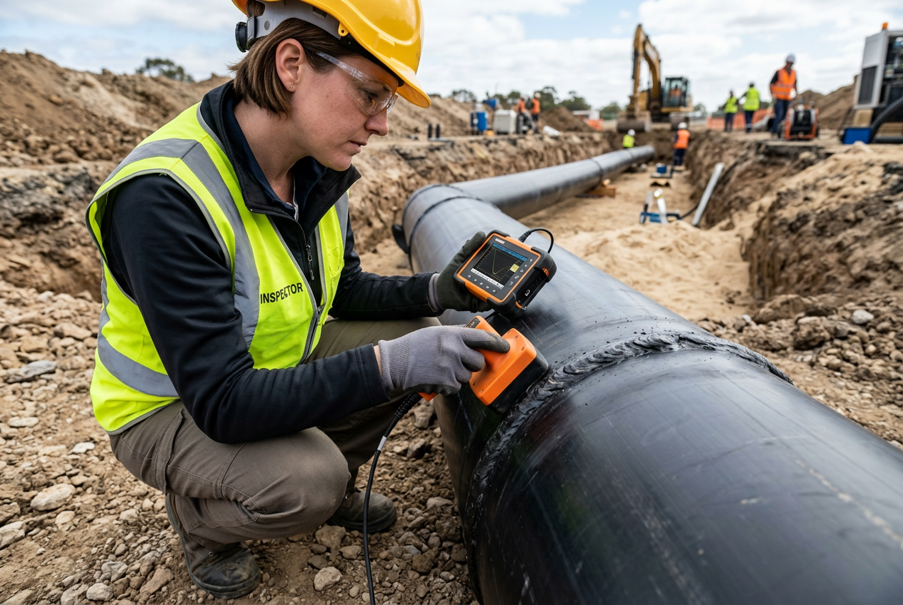 Ingeniera inspeccionando geomembrana HDPE con ensayos no destructivos en materiales no metálicos