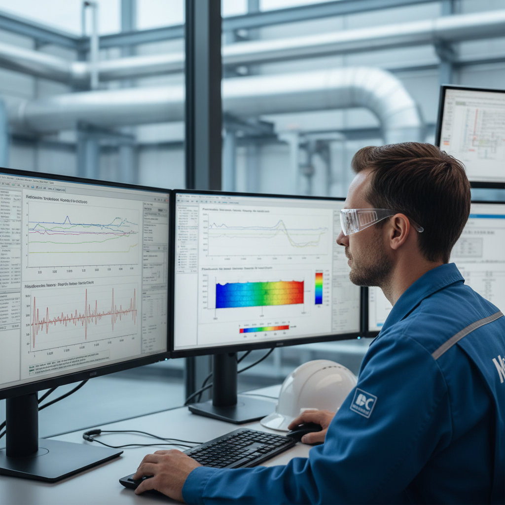 Ingeniero especialista en inspección de corrosión mediante ondas guiadas analizando resultados