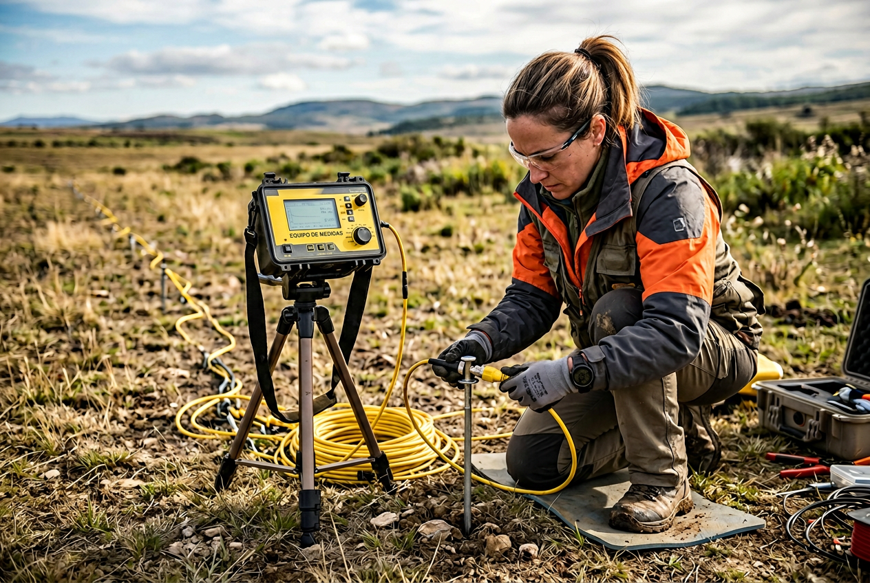 Geofísico realizando tomografía eléctrica en terreno montañoso complejo