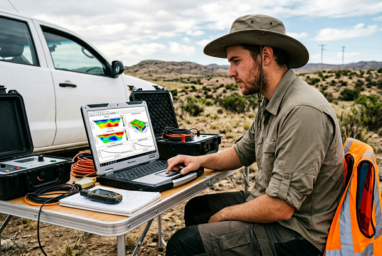 Ingeniero analizando datos tomografía eléctrica en campo problemático