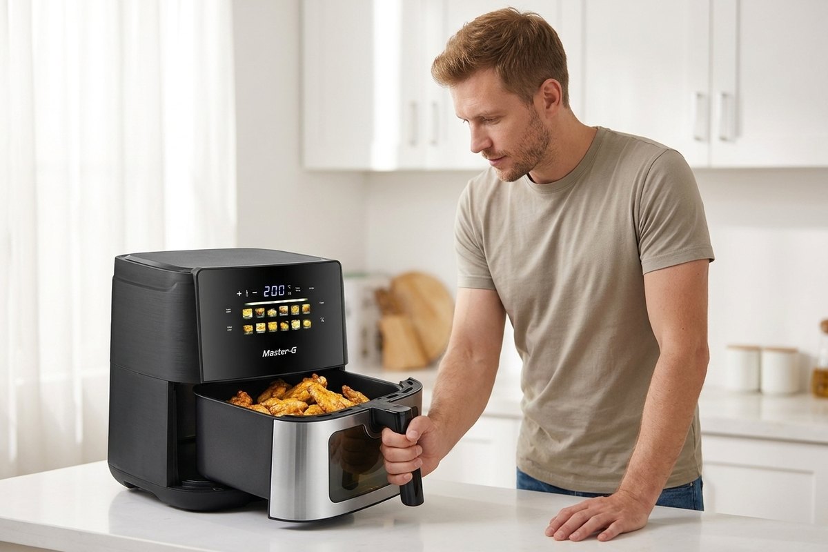 Hombre sacudiendo alitas de pollo a mitad de cocción en una freidora de aire Master-G MG80AIRF