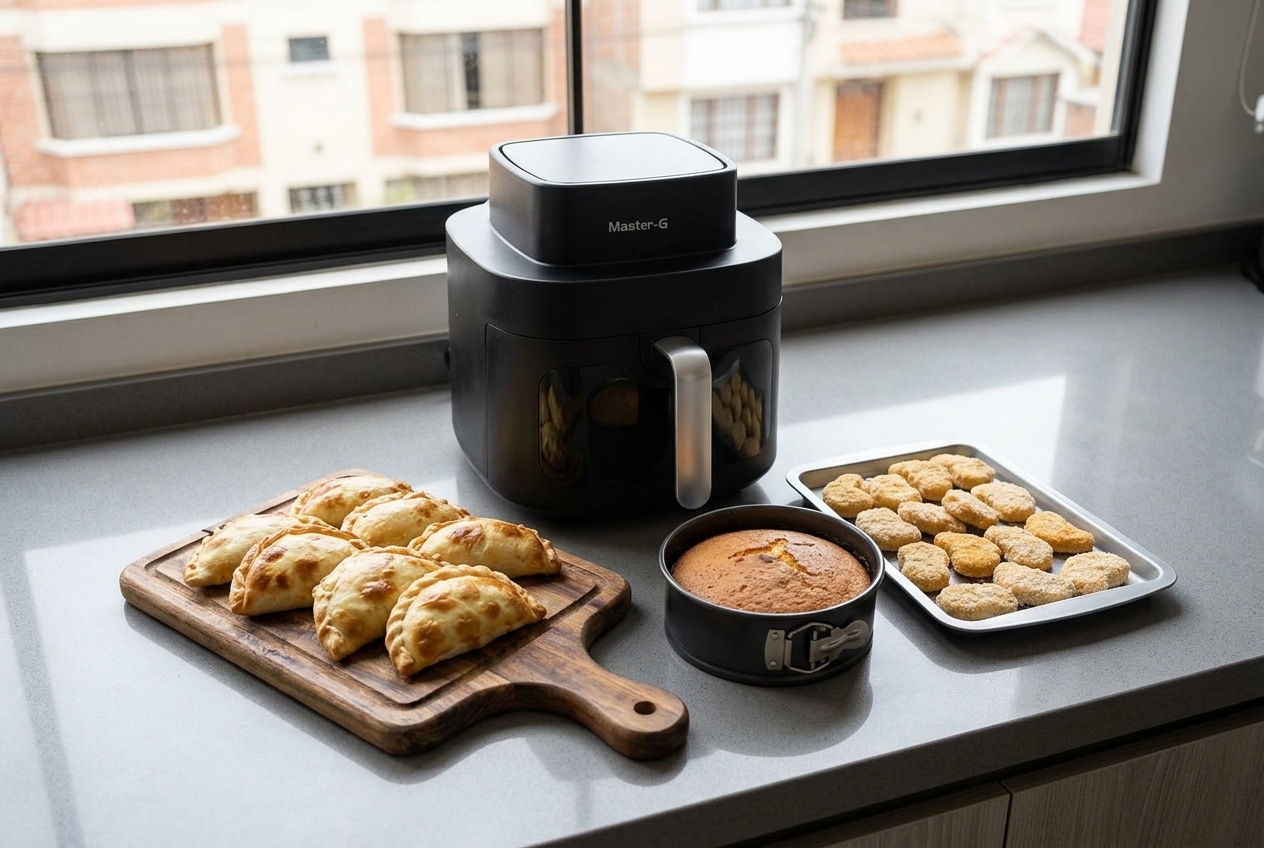 Empanadas, un queque en molde y nuggets junto a una freidora de aire Master-G MG65AIRF