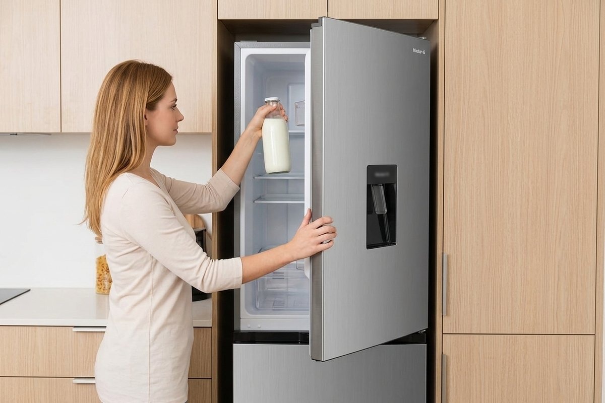 Mujer sacando leche de un refrigerador bottom freezer Master-G, con el refrigerador a la altura de los ojos