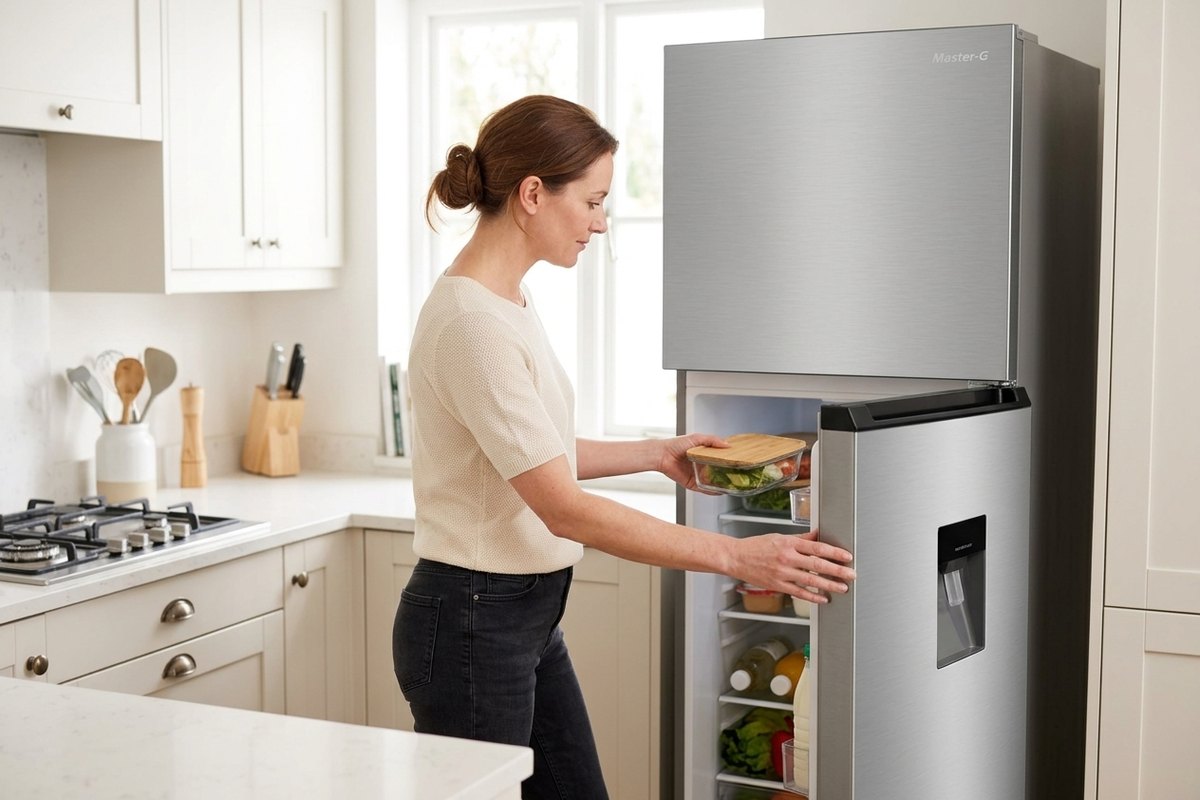 Mujer junto a un refrigerador top freezer Master-G en la cocina de su casa