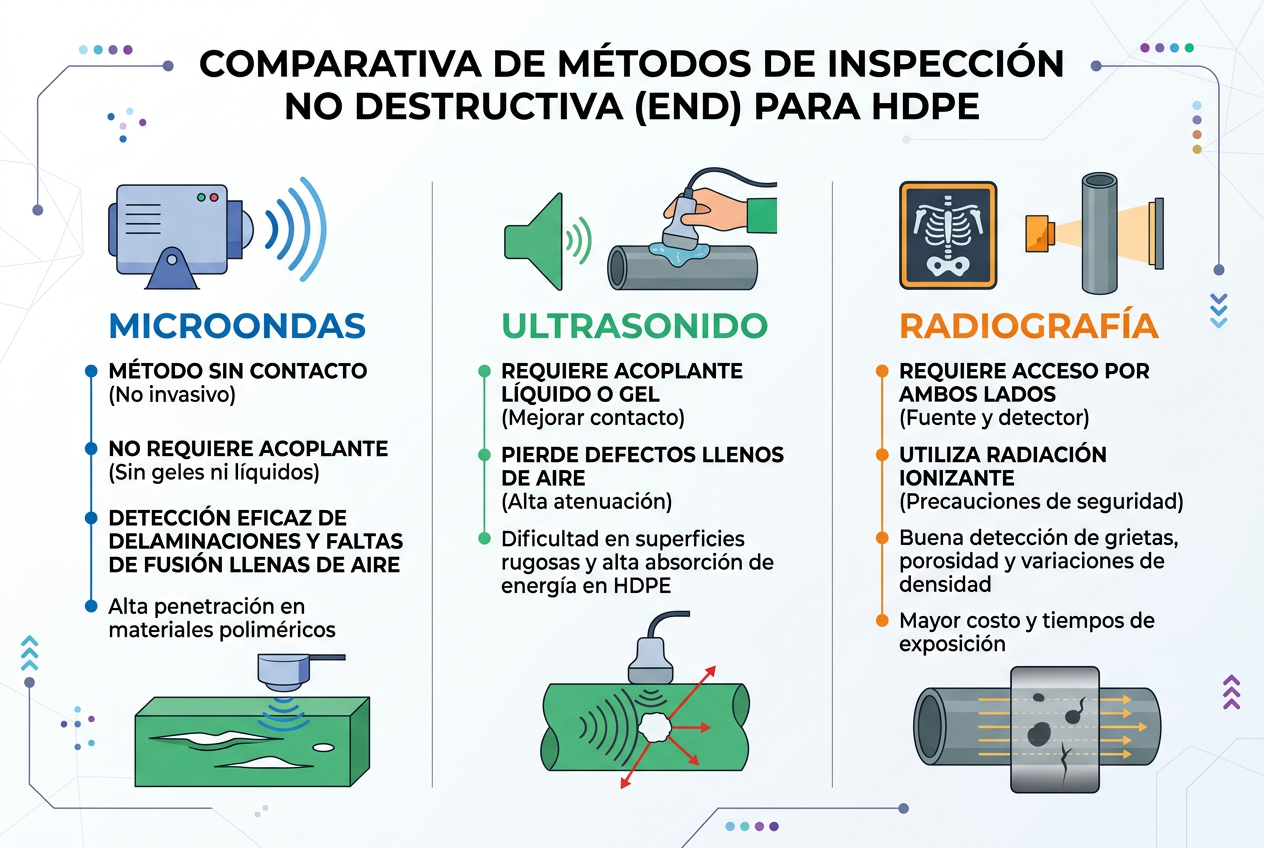 Infografía comparativa microondas vs ultrasonido sin acoplante según norma ASTM