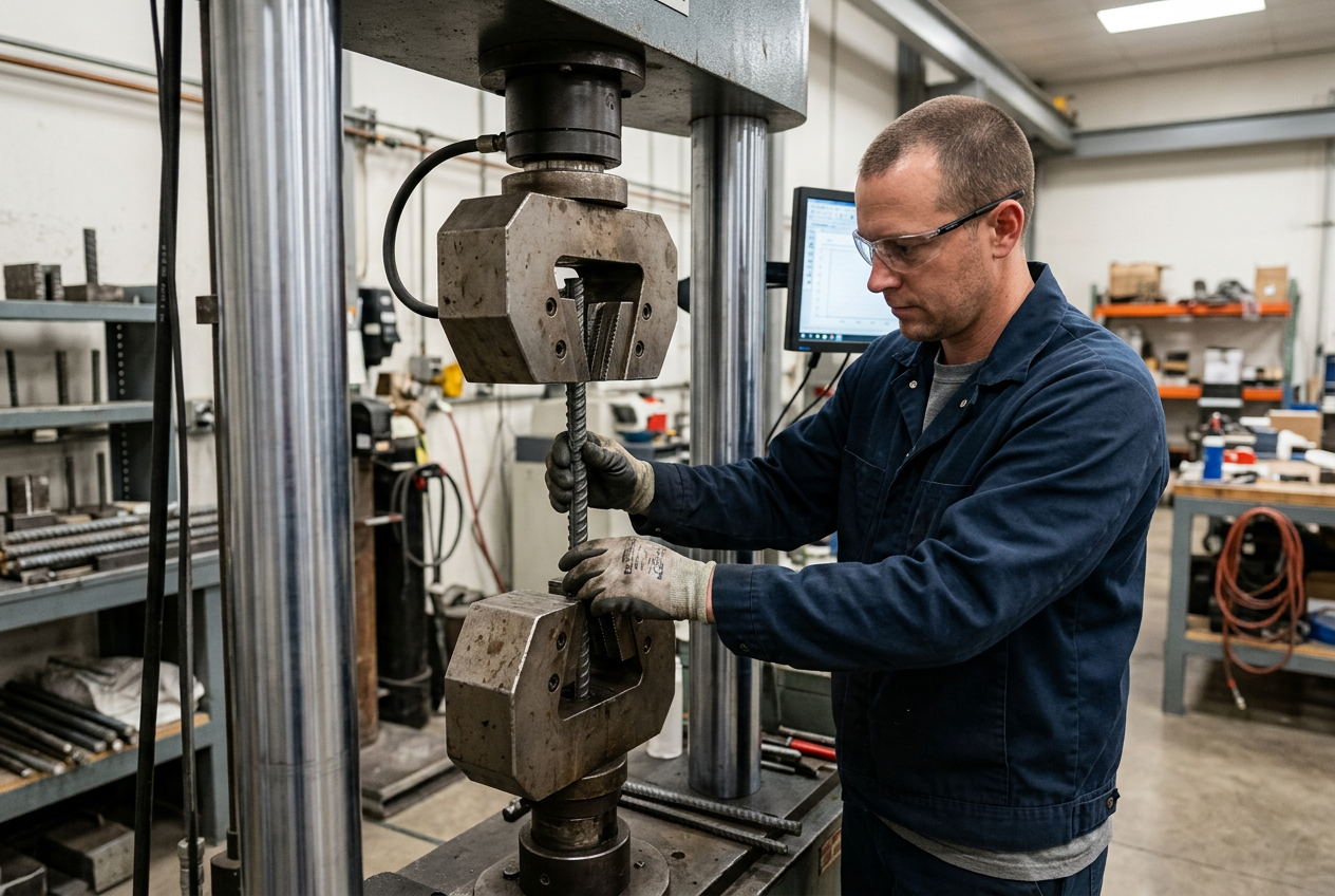 Técnico realizando ensayo de tracción y doblado de acero según normas en Chile