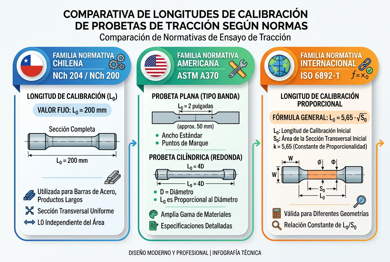 Infografía comparativa de normas NCh, ASTM e ISO para ensayo de tracción y doblado