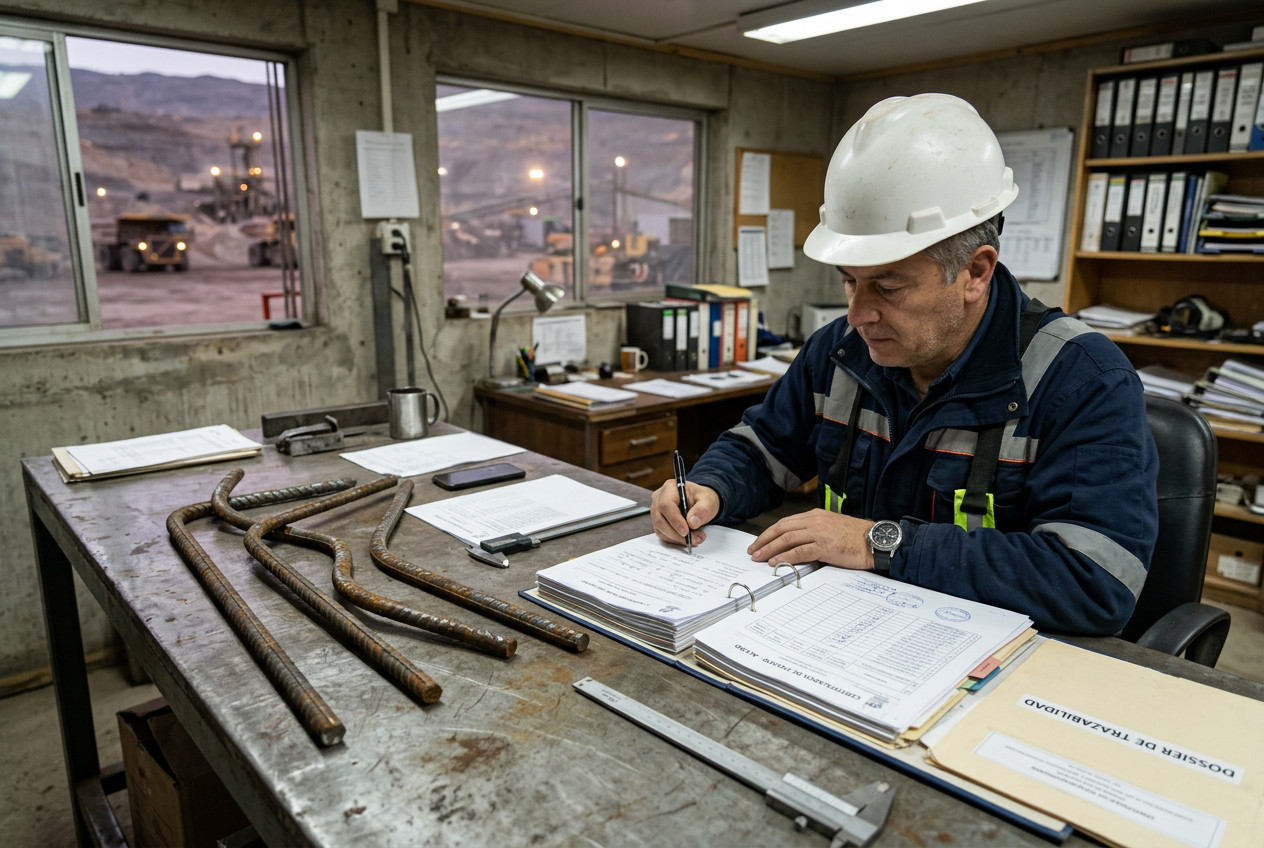 Ingeniera revisando probetas para ensayo de tracción y doblado de acero en Chile