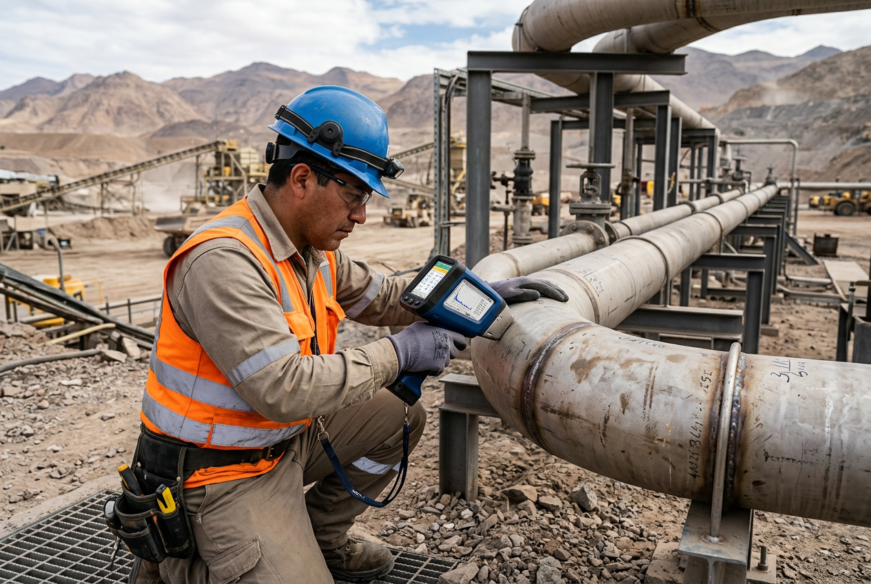 Técnico realizando un ensayo PMI en cañería de acero inoxidable en faena