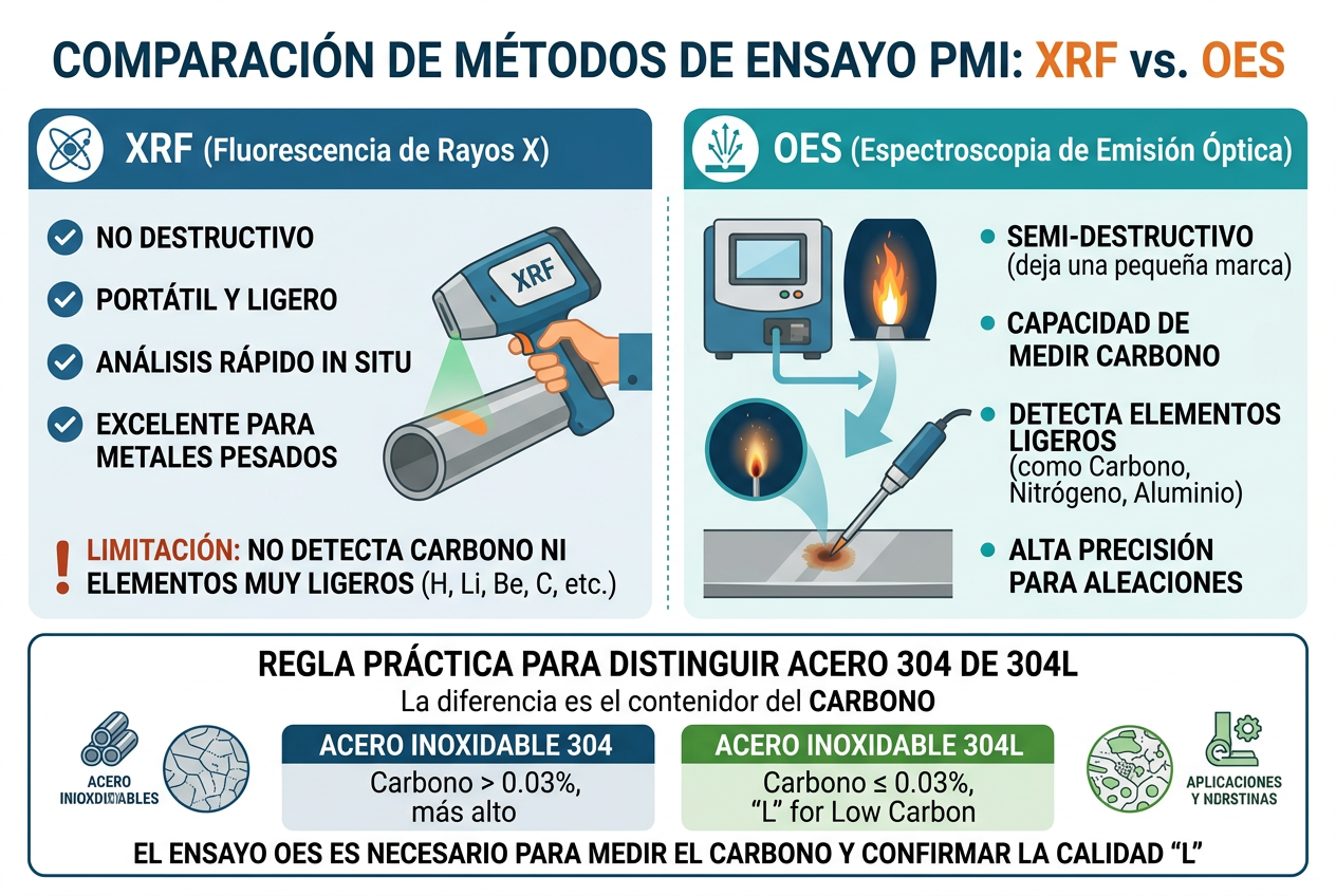 Infografía qué es un ensayo PMI y cómo verifica composición química del metal