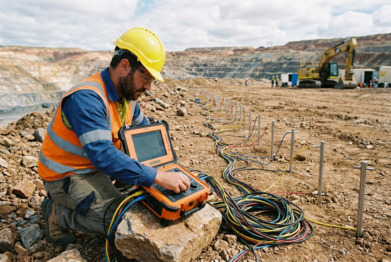 Geofísico realizando servicio de tomografía eléctrica chile en terreno minero
