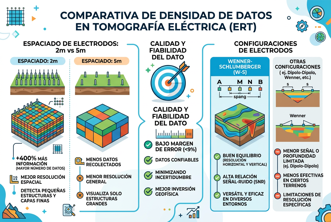 Infografía parámetros críticos auditoría tomografía eléctrica subsuperficial