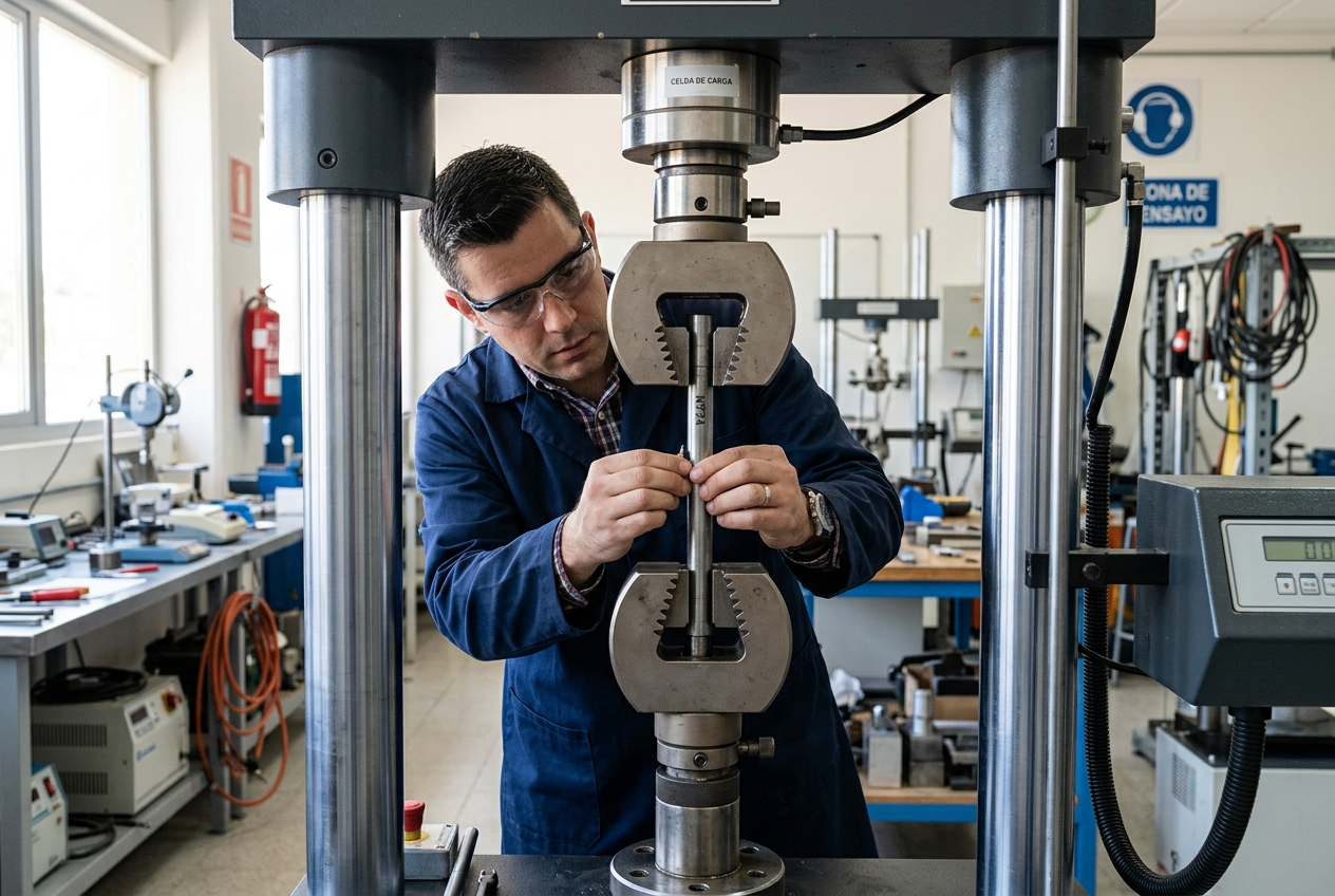 Ingeniero realizando tipos de ensayos destructivos en probeta metálica