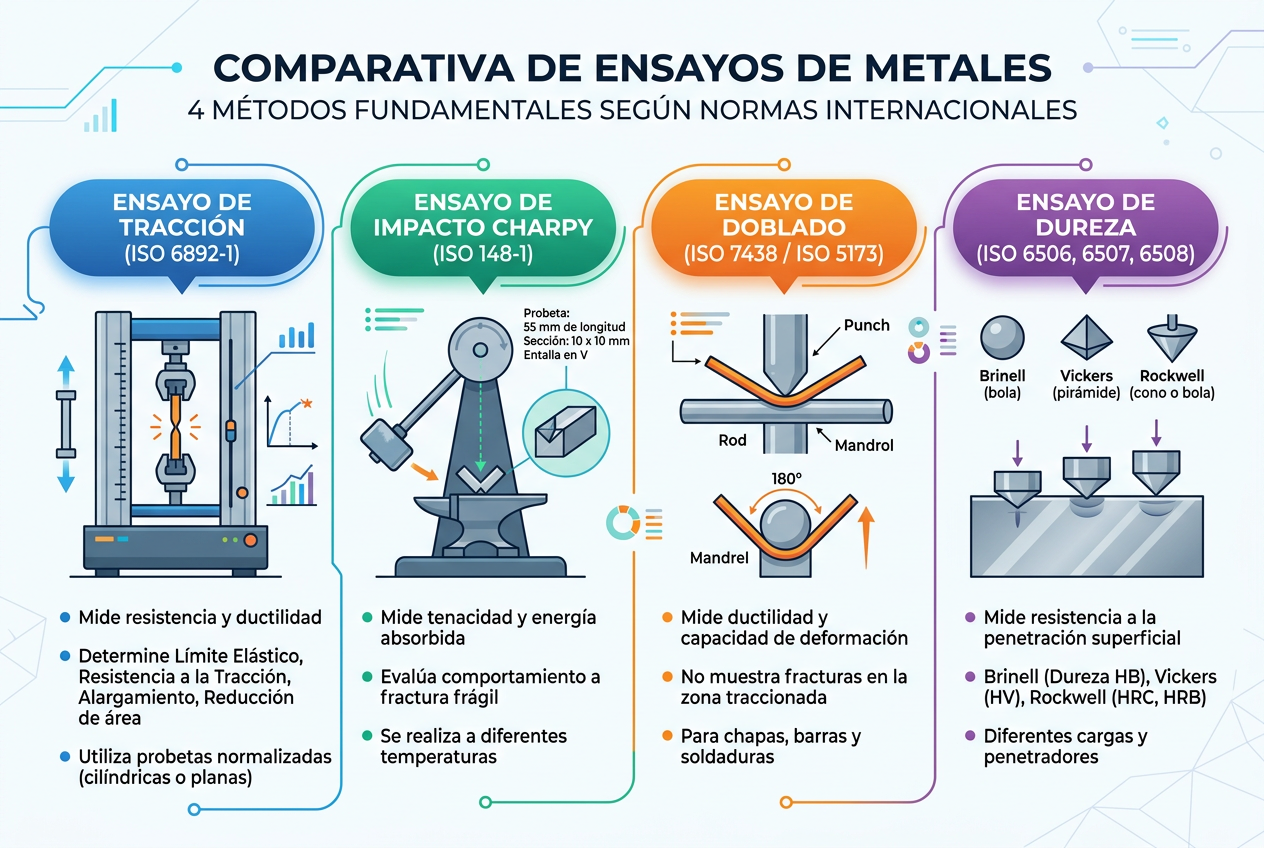 Infografía de tipos de ensayos destructivos aplicados a los metales