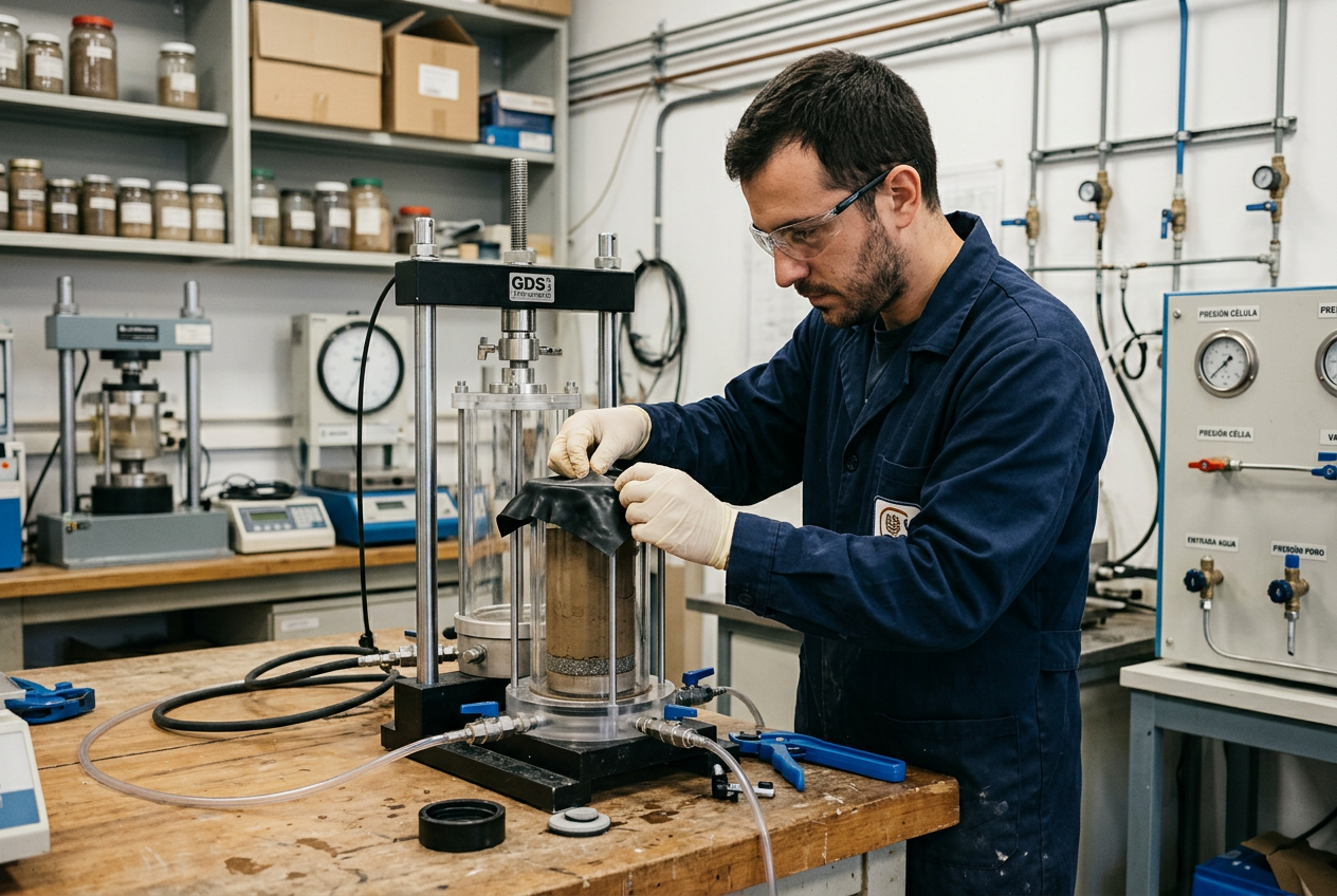 Ingeniero realizando tipos de ensayos de permeabilidad de suelos en laboratorio