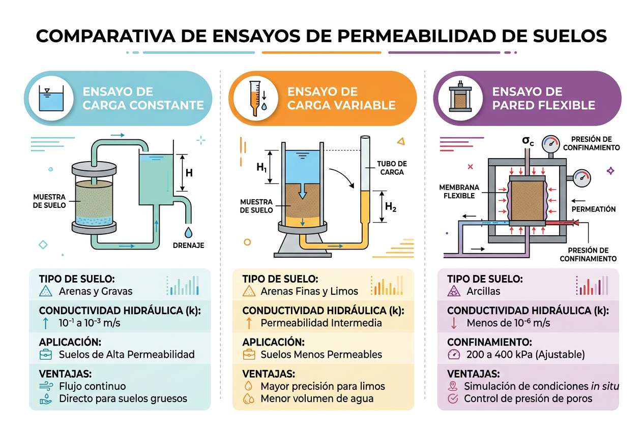 Infografía comparando tipos de ensayos de permeabilidad de suelos y sus diferencias