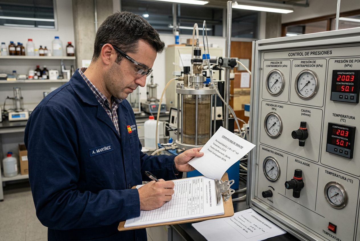 Técnico midiendo permeabilidad de suelos con ensayo de carga variable