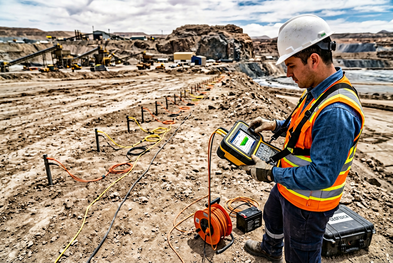 Técnico operando equipo tomografía eléctrica minería chile en terreno