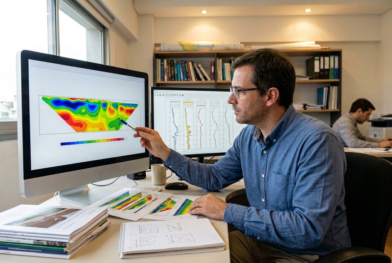Ingeniero geofísico analizando datos tomografía eléctrica minería chile