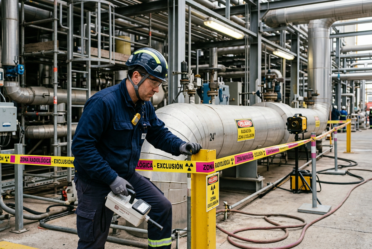 Inspector midiendo zona de exclusion radiologica gammagrafia digital en soldadura industrial