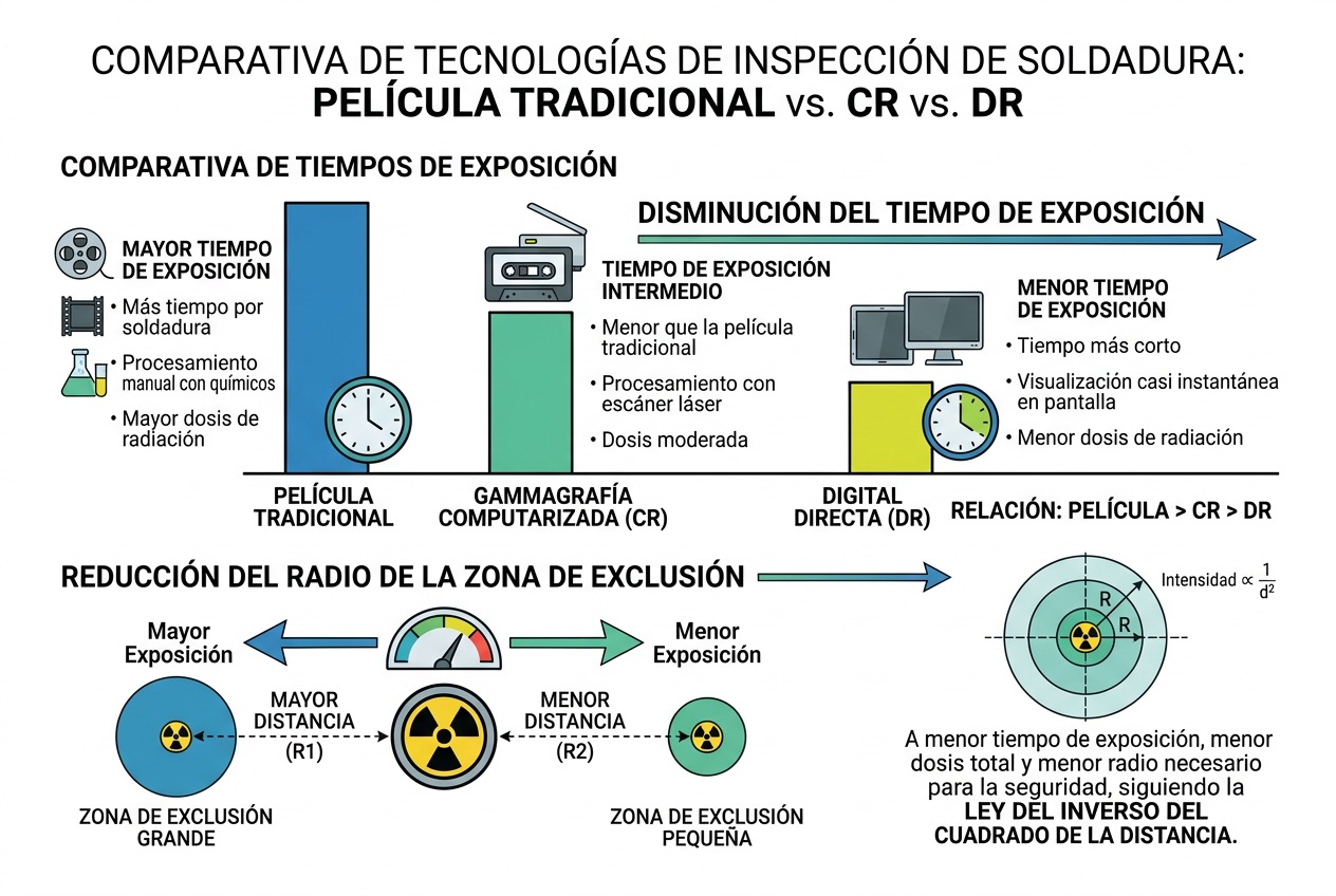 Infografía comparativa de zona de exclusion radiologica gammagrafia digital vs película tradicional