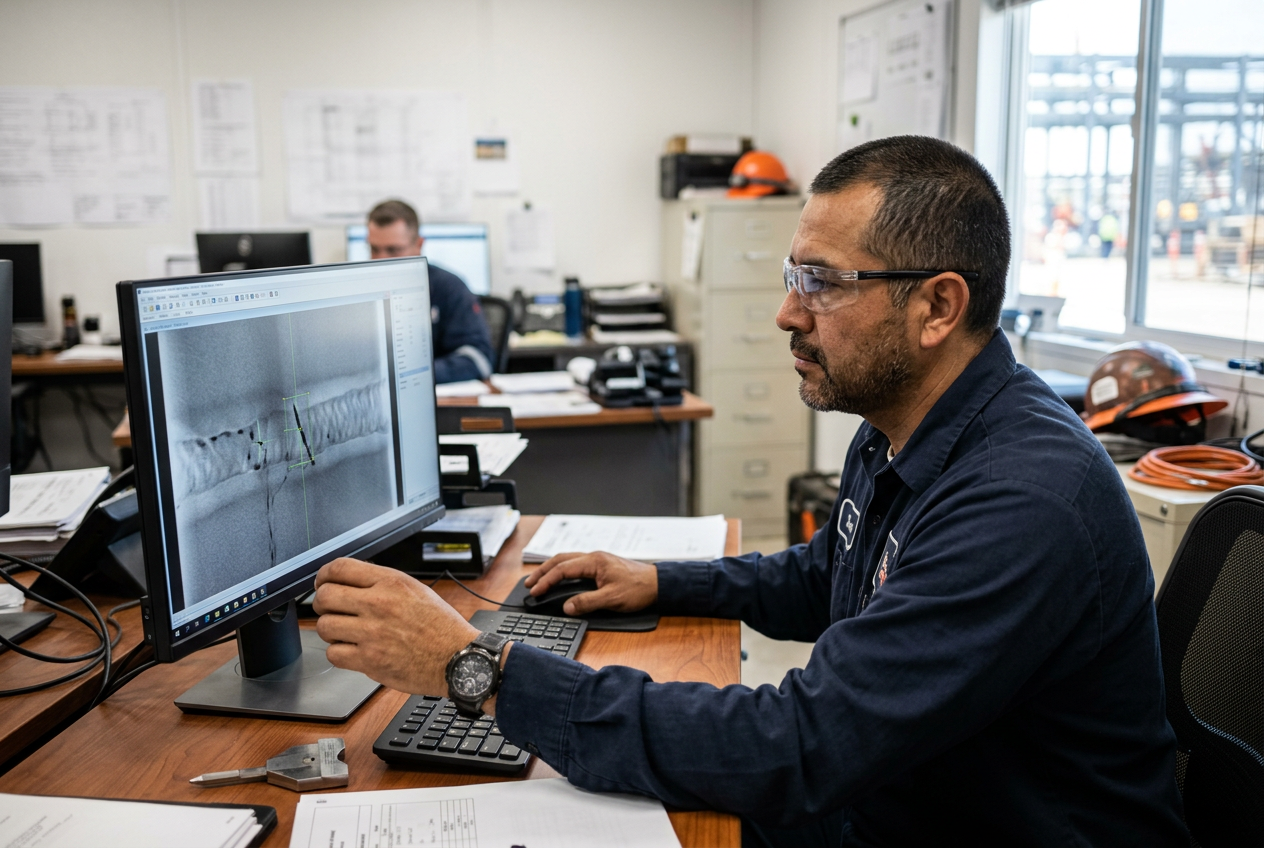 Técnico configurando equipo de gammagrafía digital para inspección de soldaduras